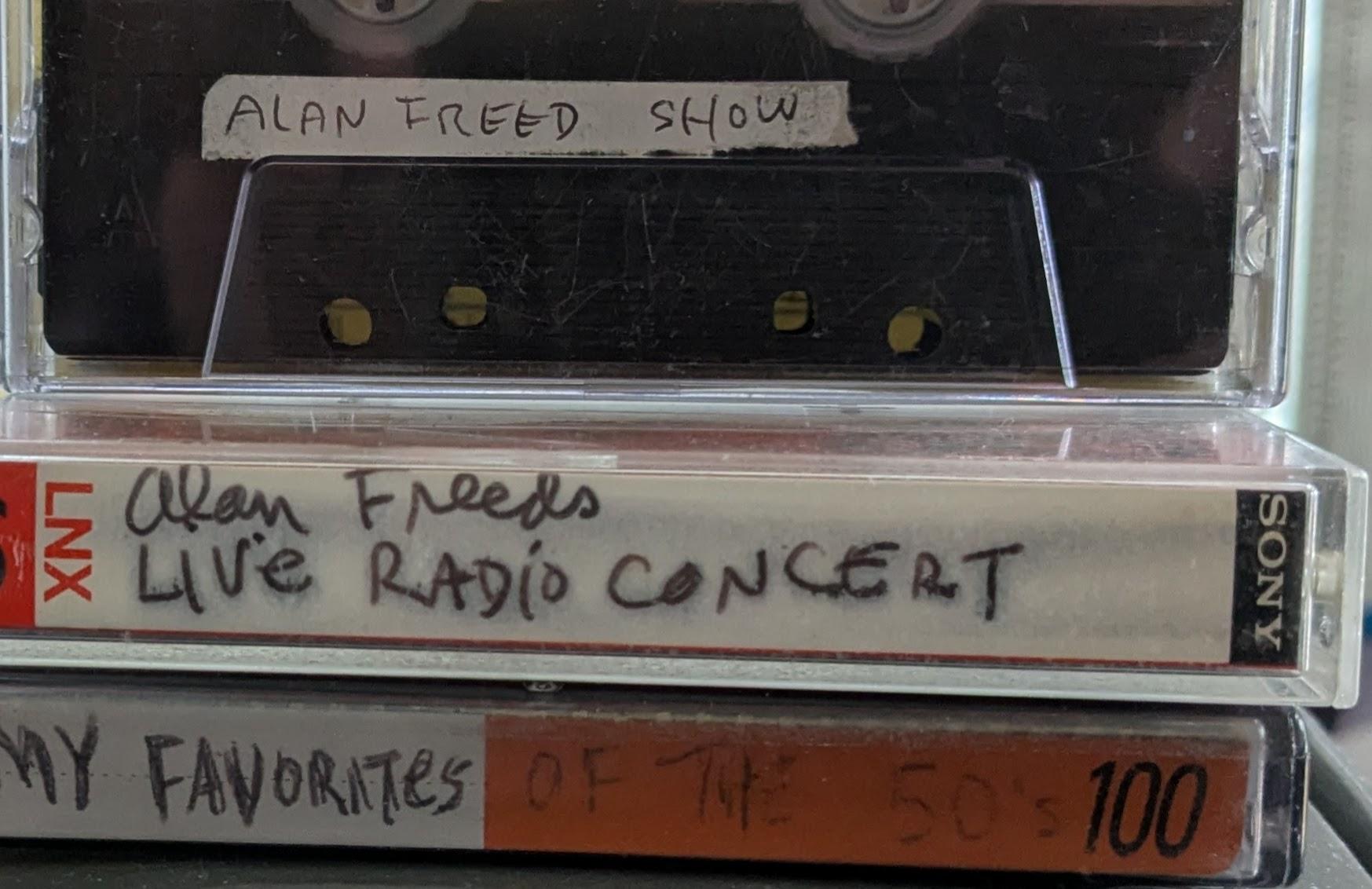 Cassette tapes labeled Alan Freed Show and Alan Freed's Live Radio Concert