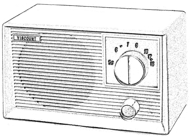 An example of a mid-century AM-only radio, showing the tuning knob with dial numbers representing AM radio frequencies, and the smaller volume knob